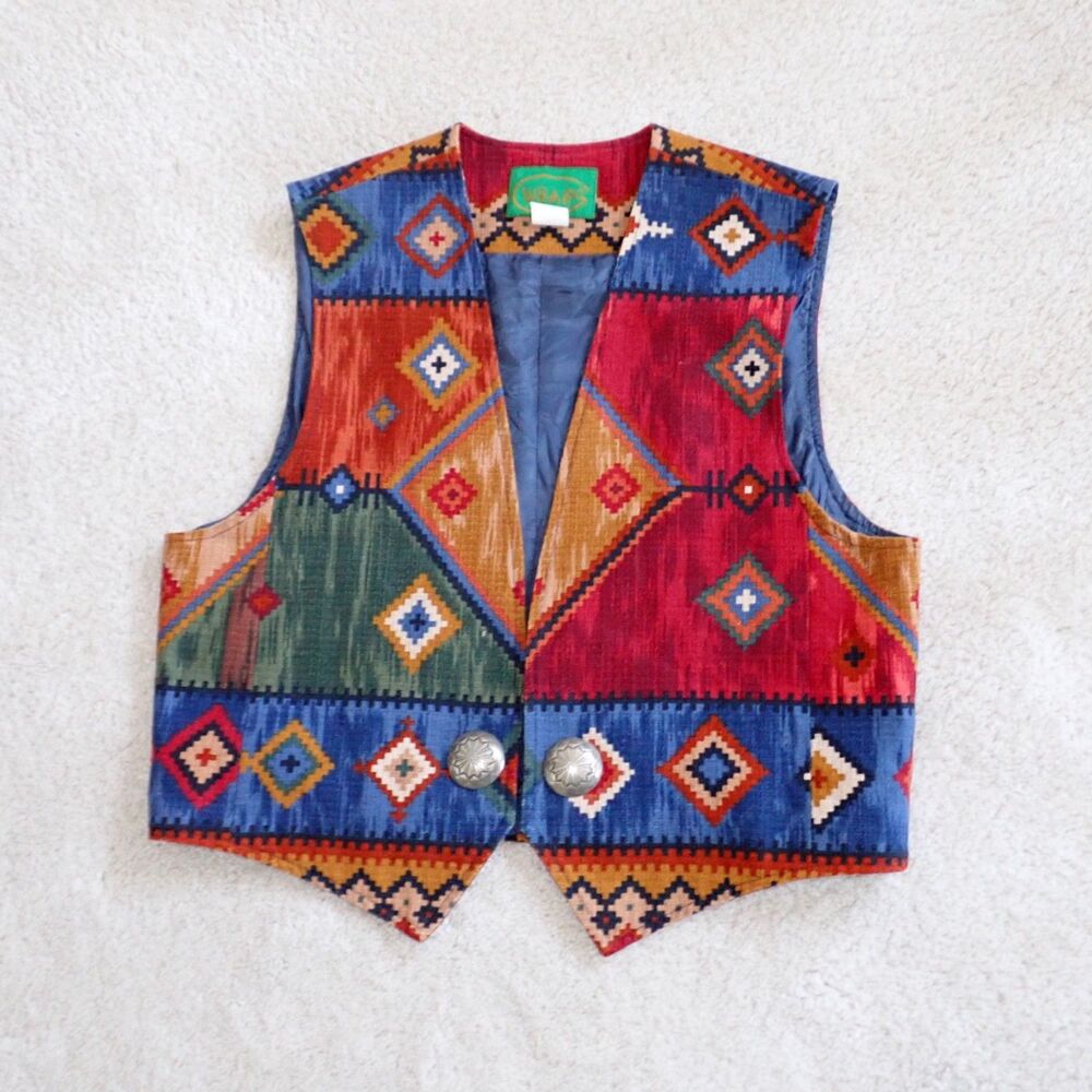Wraps Western Wear Tapestry sz XL Southwestern Tribal Vest Silver Concha Mint! - Picture 7 of 15